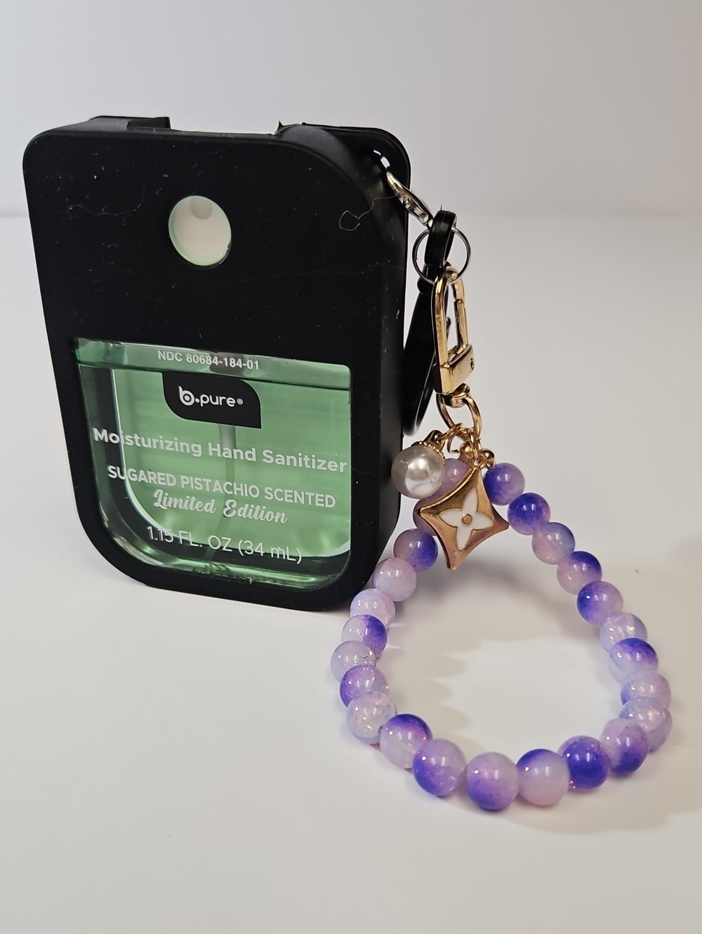 b•pure LIMITED EDITION SUGARED PISTACHIO SCENTED HAND SANITIZER, CASE + KEYCHAIN